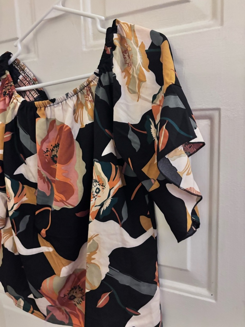 SHEIN Black Floral Off-Shoulder Blouse Black with Pink & Cream Blooms - Picture 2 of 5